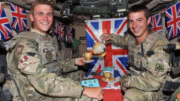 soldiers having tea in a tank